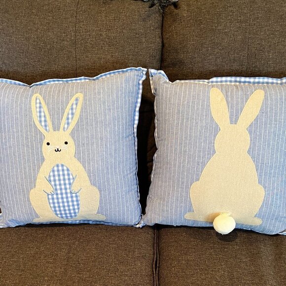 Set of Two 15” Square Bunny Rabbit Pillows Blue Gingham Print With Tails Country - Picture 1 of 9